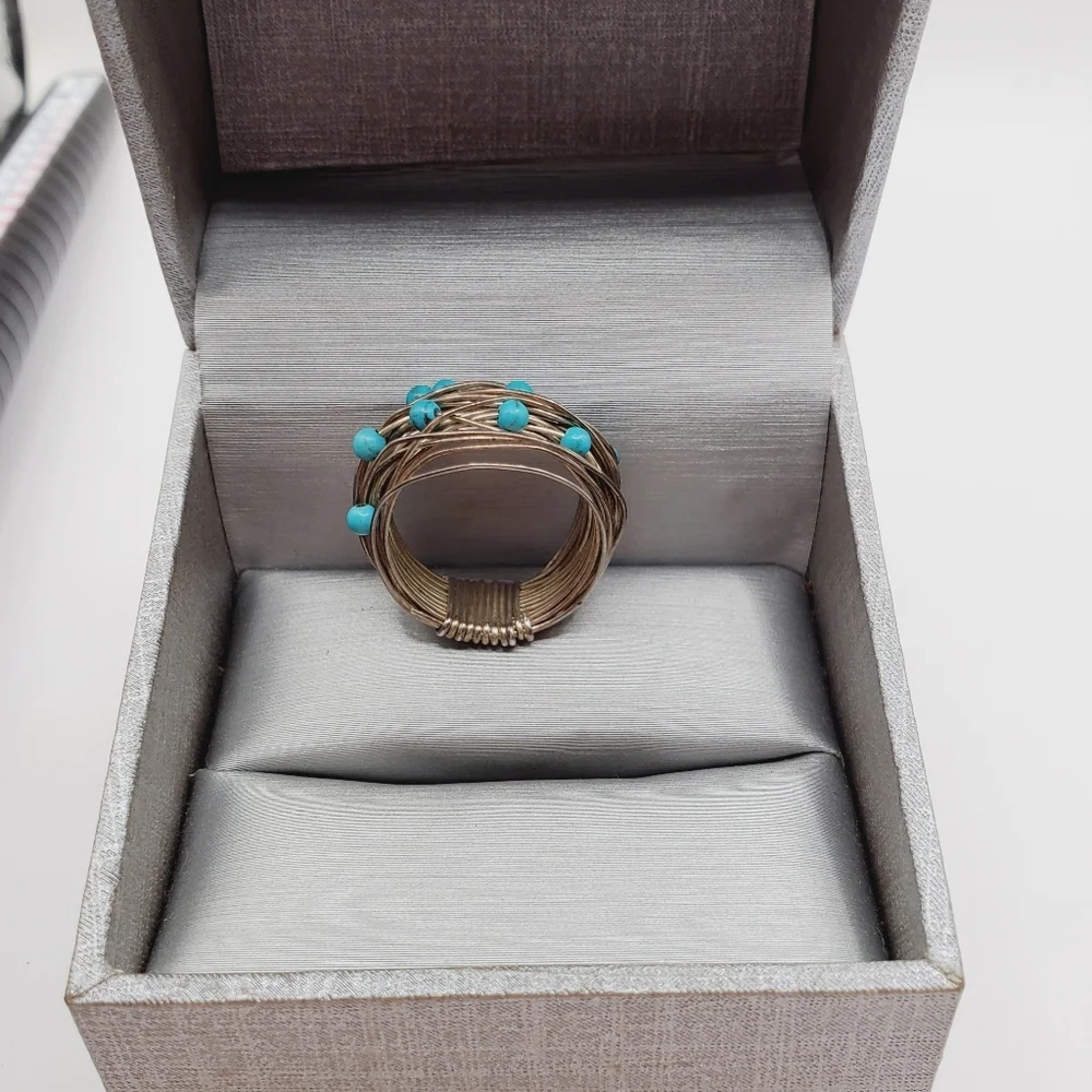 Genuine Blue Turquoise Multi Bead 925 Sterling Silver Artisan Wire Ring
